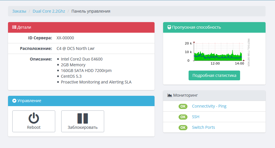 Control panel: server restart options, view traffic statistics